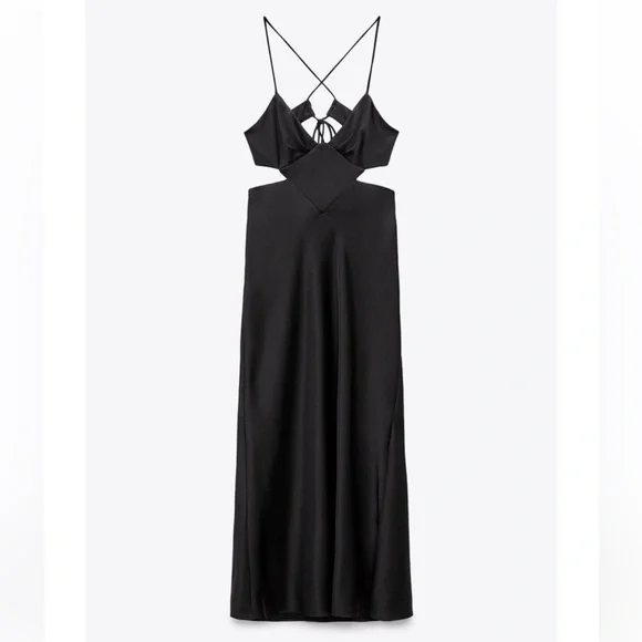NWT. Zara Black Satin Effect Cut-Out Midi Dress - Picture 4 of 5